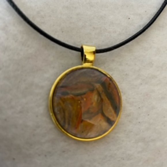 Abstract Acrylic Art Necklace And Earring Set In Gold Colored Bezel - Picture 3 of 6